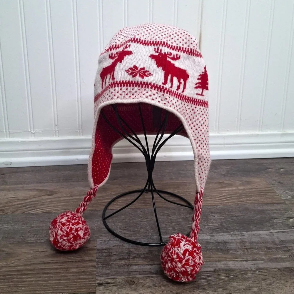 Abercrombie & Fitch Earflap Beanie Sz O/S Moose Wool Blend Pom Pom Fair Isle